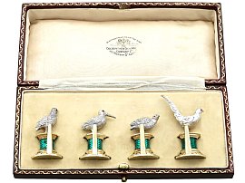 Enamel and Sterling Silver Bird Menu / Card Holders - Antique Edwardian (1909); C8342