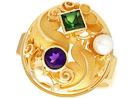Vintage Pearl, Tourmaline, Amethyst  Ring in 14ct Yellow Gold
