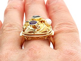 Pearl and Tourmaline Ring in Gold Wearing