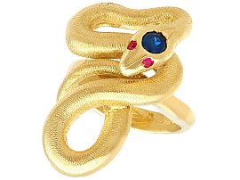 Vintage Sapphire and Ruby, 18ct Yellow Gold Snake Ring