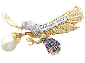 Blister Pearl, Sapphire, Ruby, 1.28ct Diamond and 14ct Yellow Gold Eagle Brooch