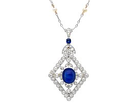 Antique 4.40ct Basaltic Blue Sapphire and 3.14ct Diamond, Pearl and 12ct Yellow Gold Pendant/Brooch