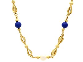 Vintage 7.80ct Lapis Lazuli and Pearl Chain Necklace in 18ct Yellow Gold Chain