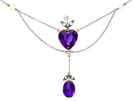 9.10ct Amethyst, Pearl and 0.20ct Diamond, 14ct Yellow Gold Necklace - Antique Circa 1900