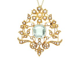 Victorian 4.10ct Aquamarine and Seed Pearl, 15ct Yellow Gold Pendant / Brooch