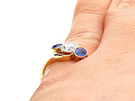 Edwardian Sapphire and Diamond Trilogy Ring on Finger