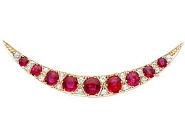 Victorian Ruby Diamond Crescent Brooch in Yellow Gold