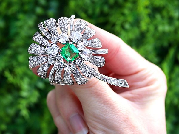 2.10ct Emerald and 7.73ct Diamond, Platinum Floral Brooch
