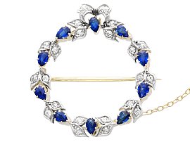 Antique 2.90ct Sapphire and Diamond Wreath Brooch in Yellow Gold