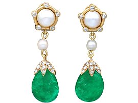 Antique 13.82ct Colombian Emerald, Pearl and Diamond Drop Earrings in 18ct Yellow Gold