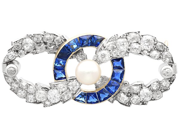 Pearl, 2.02ct Sapphire and 4.95ct Diamond, 18ct Yellow Gold Brooch