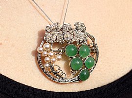 Vintage Chrysoprase and Pearl pendant wearing 