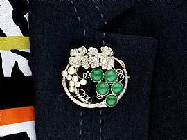 Vintage Chrysoprase and Pearl Brooch wearing 