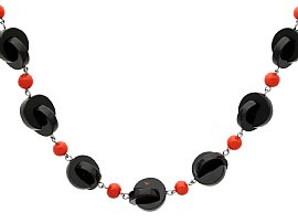 Vintage Onyx and 9.50ct Coral, Silver Necklace