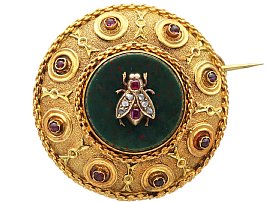 Ruby, Bloodstone, Diamond Brooch in 21ct Yellow Gold Brooch