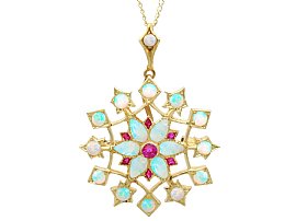 Antique Opal, Ruby and 15ct Yellow Gold Floral Pendant / Brooch