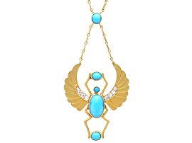 Victorian Egyptian Revival Turquoise and Diamond, 18ct Yellow Gold Pendant 