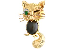 Vintage 3.50ct Onyx Emerald and Diamond, 18ct Yellow Gold Cat Brooch