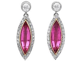 5.60ct Marquise Cut Pink Tourmaline and 1.10ct Diamond, Platinum Drop Earrings