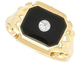 Vintage 2.40ct Black Onyx and Diamond, 14ct Yellow Gold Signet Ring