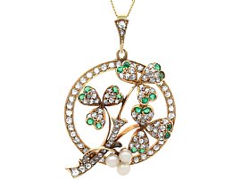 Victorian Emerald Diamond, Pearl and 15ct Yellow Gold Pendant