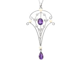 Art Nouveau Amethyst Diamond and Pearl Pendant 