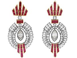 Art Deco 5.10ct Ruby and 5.38ct Diamond, 18ct Yellow Gold Drop Earrings