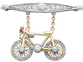 Antique Ruby and 1.63ct Diamond Yellow Gold Bicycle Brooch