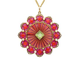 1.02ct Peridot and Seed Pearl, Plique a Jour, 15ct Yellow Gold Pendant