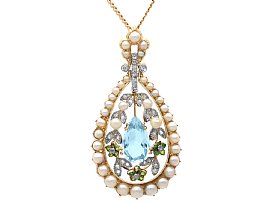 Antique 1.80ct Aquamarine, Garnet, Pearl and Diamond, 14ct Yellow Gold Pendant
