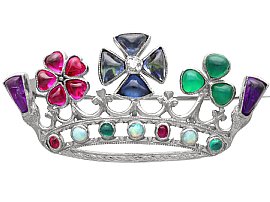 Antique Gemstone, Diamond and 18ct White Gold Crown Brooch
