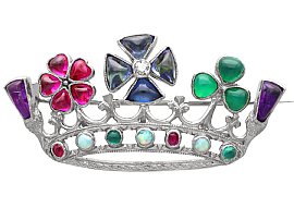 Antique Gemstone, Diamond and 18ct White Gold Crown Brooch