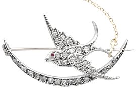 Victorian 0.49ct Diamond and Ruby, 9ct Yellow Gold Swallow and Moon Brooch