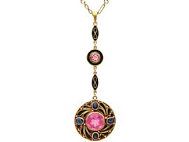 6.10ct Pink Tourmaline, 1.72ct Sapphire and Enamel Pendant in 15ct Yellow Gold