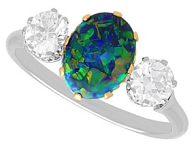 Antique 1.27ct Black Opal and 0.70ct Diamond Trilogy Ring in Platinum