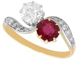Edwardian 0.75ct Ruby and 0.83ct Diamond Twist Ring in 18ct Yellow Gold