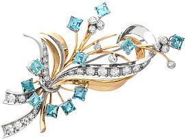 1.75ct Aquamarine, 1.38ct Diamond, 18ct Yellow Gold and Palladium Spray Brooch - Vintage Circa 1950