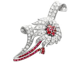 1.48ct Ruby and 2.92ct Diamond, Platinum Flower Brooch - Vintage Circa 1950