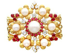 Vintage Pearl, Ruby and Diamond Brooch in 18ct Yellow Gold