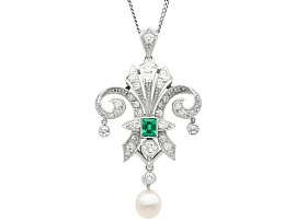 Antique Emerald, Diamond, Pearl and Platinum Pendant