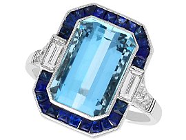2.62ct Aquamarine, 0.96ct Sapphire and 0.28ct Diamond, Platinum Dress Ring - Art Deco Style - Contemporary Circa 2010