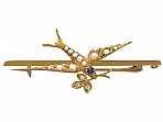Sapphire, Diamond and Seed Pearl, 15 ct Yellow Gold 'Swallow' Bar Brooch - Antique Victorian