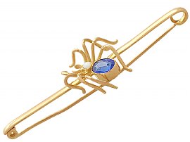 Pearl and Blue Coloured Glass, 9 ct Yellow Gold 'Spider' Brooch - Antique Circa 1890