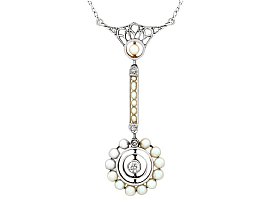 Pearl and 0.13ct Diamond, 14ct White Gold Necklace - Art Nouveau Style - Antique Circa 1900