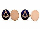 9 ct Rose Gold and Enamel Freemasons'  'Square and Compass' Cufflinks - Vintage 1975