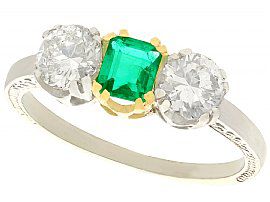 0.34ct Emerald & 0.90ct Diamond, 14ct White Gold Trilogy Ring - Antique Circa 1930