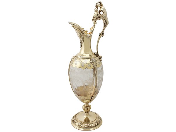 Acid Etched Glass and Sterling Silver Gilt Claret Jug - Antique Victorian (1875)