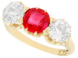 1.10ct Diamond and Synthetic Ruby, 14ct Yellow Gold Trilogy Ring - Antique Circa 1900