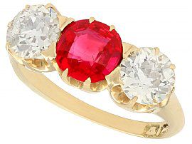 1.10 ct Diamond and Synthetic Ruby,  14 ct Yellow Gold Trilogy Ring - Antique Circa 1900