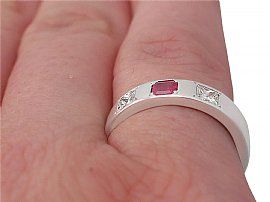 Diamond and Ruby Ring in 18 ct White Gold Wearing Finger
